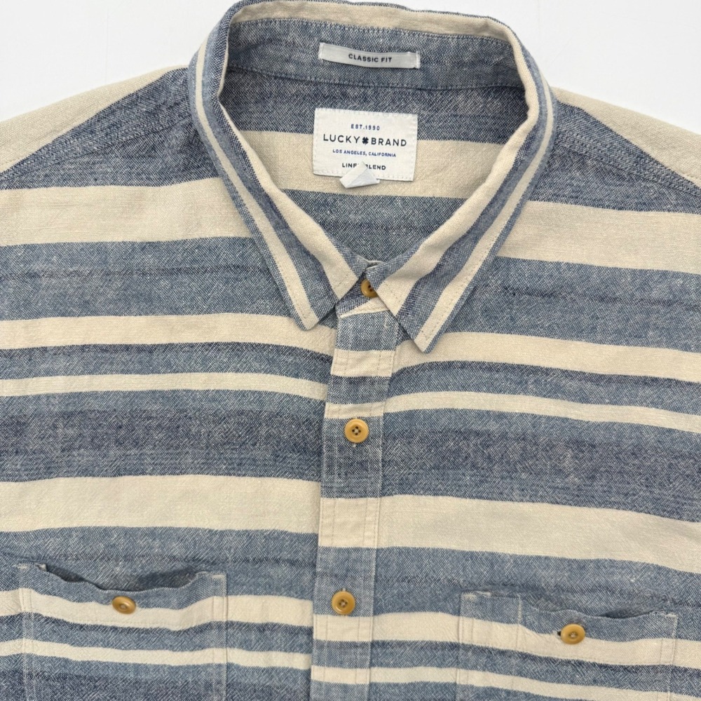 Lucky Brand Shirt Mens XL Blue Striped 7M43030 Linen Blend Short Sleeve Classic